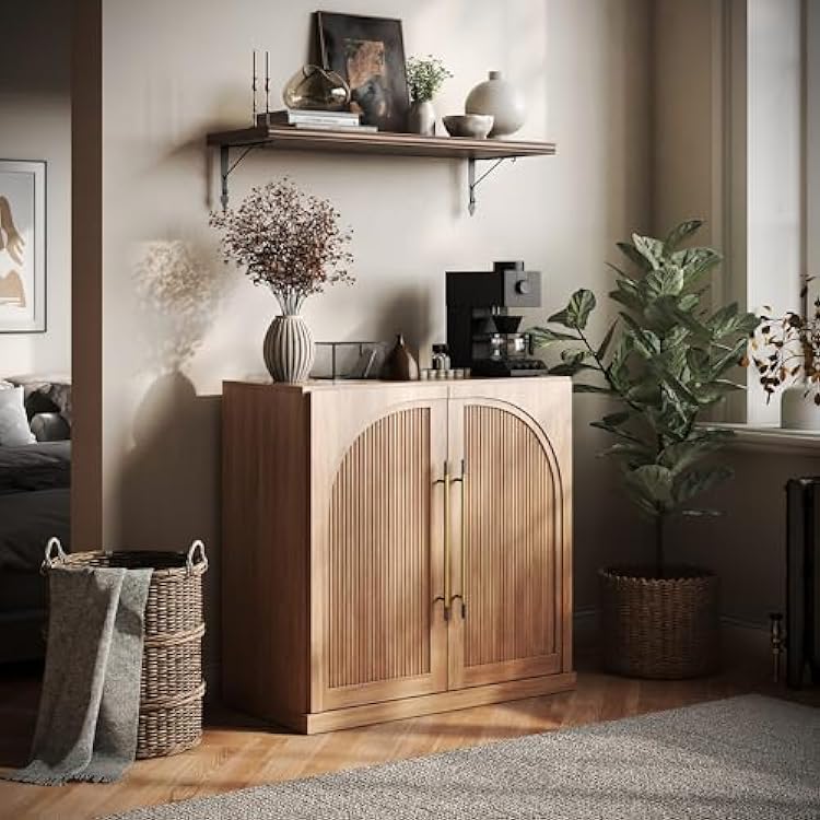 BELLEZE Modular Sideboard with Double-Arc Wood Doors, Small Arched Buffet Cabinet with Storage and Adjustable Shelves, Classic Modern Credenza for Dining Room, Living Room, or EntrywayCamel