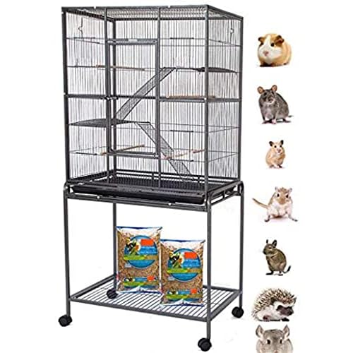 64 Extra Large Wrought Iron Chew Proof 4-Levels Ferret Chinchilla Sugar Glider Mice Rat Mouse Hamster Cage Narrow 12-Inch Bar Spacing Easy Clean Pull Out Tray with Detachable Rolling Stand