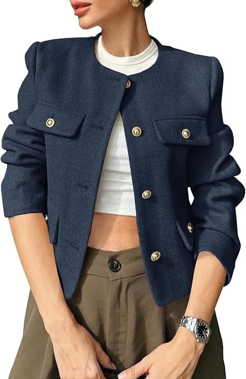 Cicy Bell Womens Cropped Tweed Blazers Jacket Collarless Button Down Business Casual Winter Coats 2026 Spring Outfits