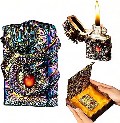 Refillable Kerosene Lighter - Vintage Dragon Design, Windproof Soft Flame Trench Lighter for Men & Women, Collectible Antique Gifts Colored